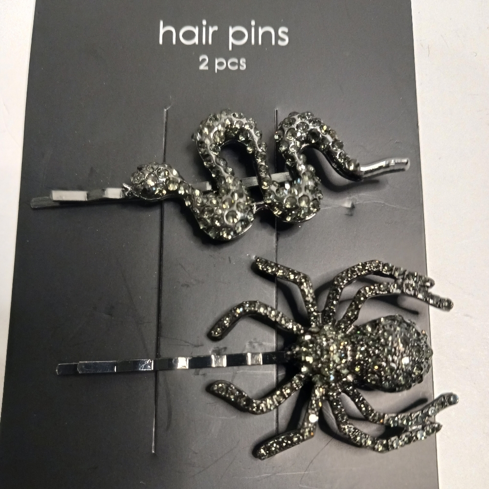 Sparkly snake and spider hair pins pair